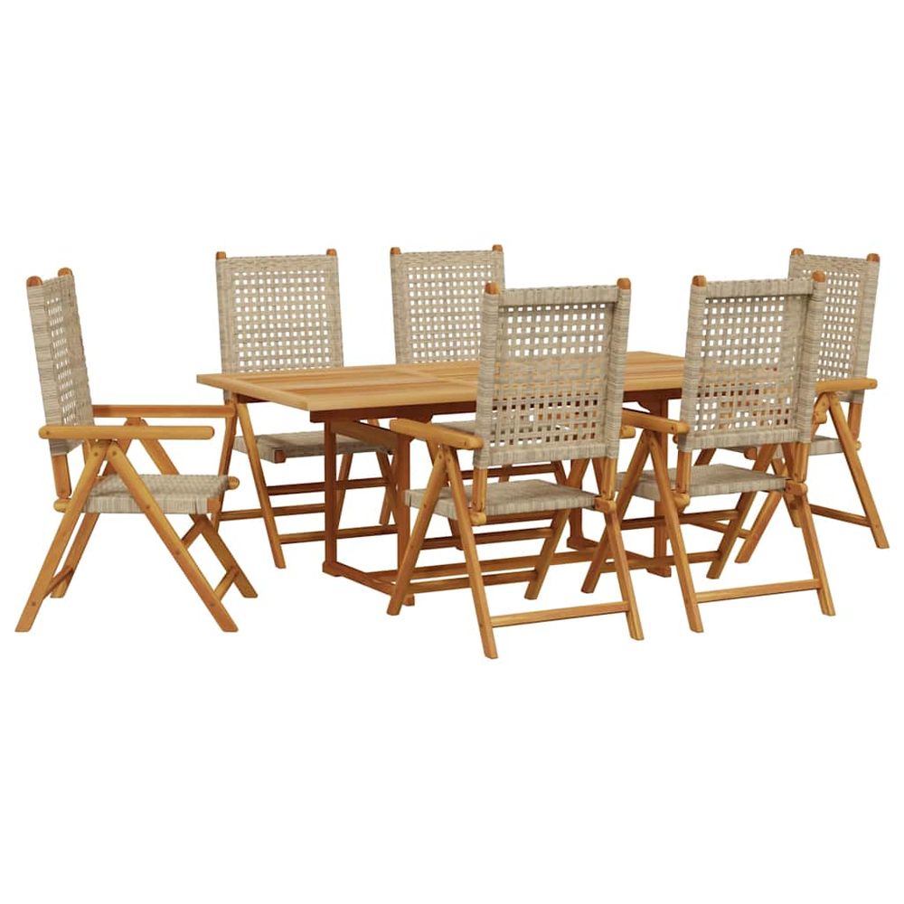 Ensemble à manger de jardin 7 pcs beige rotin et bois massif