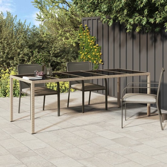 Table de jardin beige 250x100x75 cm verre trempé et poly rotin