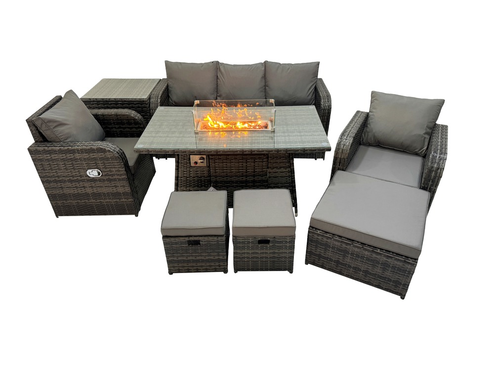 Ensemble de meubles de jardin en polyrotin table de foyer à gaz intérieur extérieur avec table d'appoint fauteuil 3 tabourets