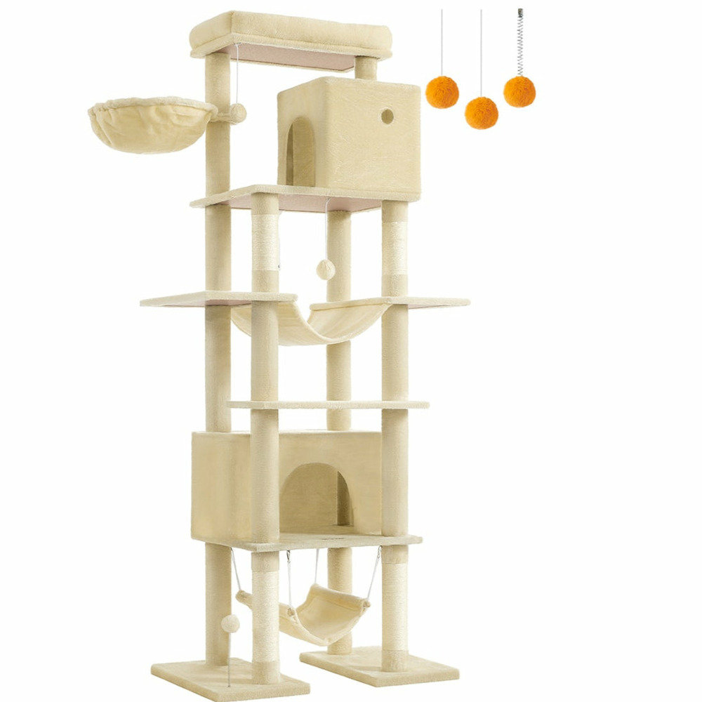 Arbre à chat 201 cm forme de tour taille xxl multi-niveaux 1 plateforme 1 panier 2 niches 2 hamacs dispositif anti-basculemen