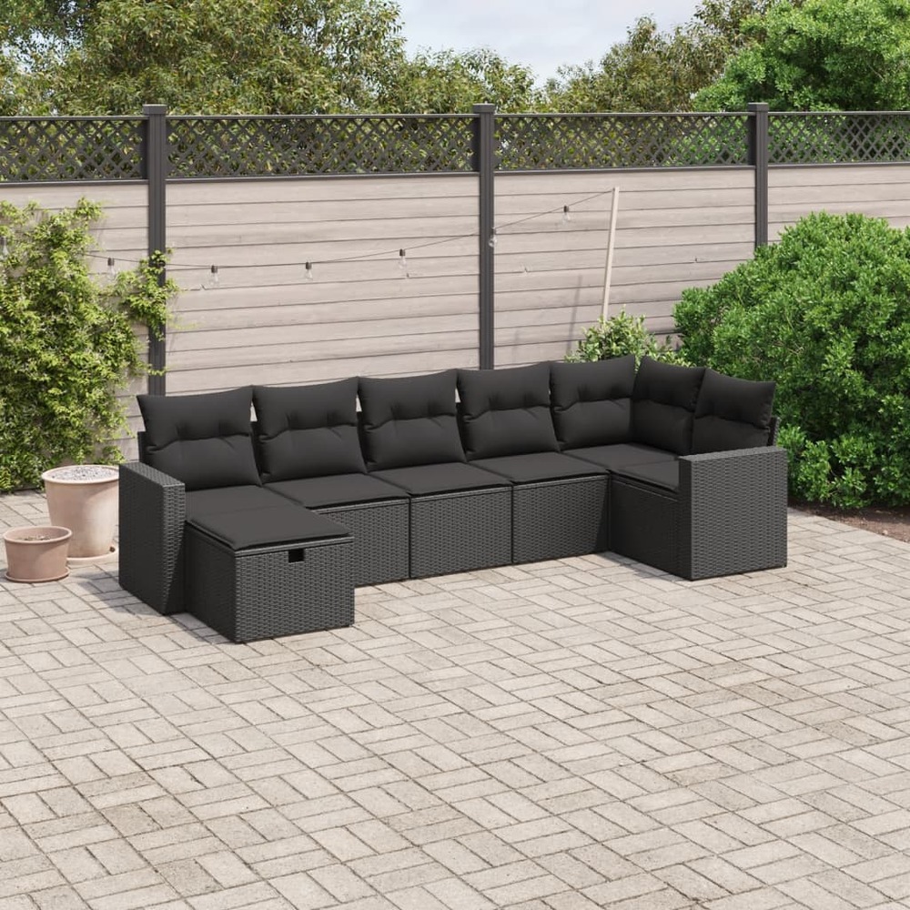 Salon de jardin 7 pcs avec coussins noir résine tressée