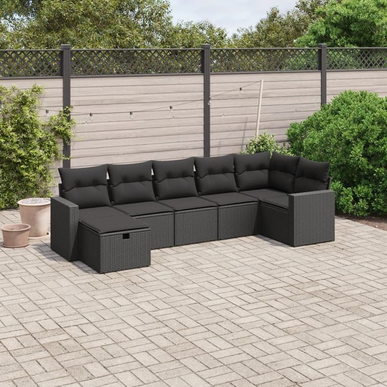 Salon de jardin 7 pcs avec coussins noir résine tressée