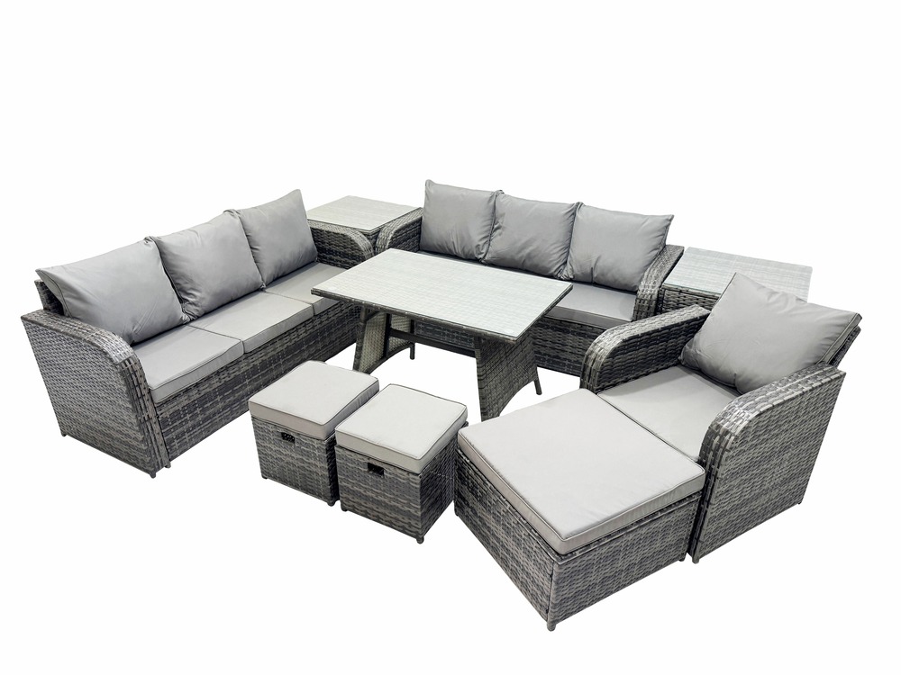 9 pièces ensemble de meubles de jardin en polyrotin avec table à manger fauteuil 3 tabourets 2 tables d'appoint gris foncé mixte