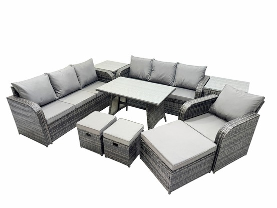 9 pièces ensemble de meubles de jardin en polyrotin avec table à manger fauteuil 3 tabourets 2 tables d'appoint gris foncé mixte