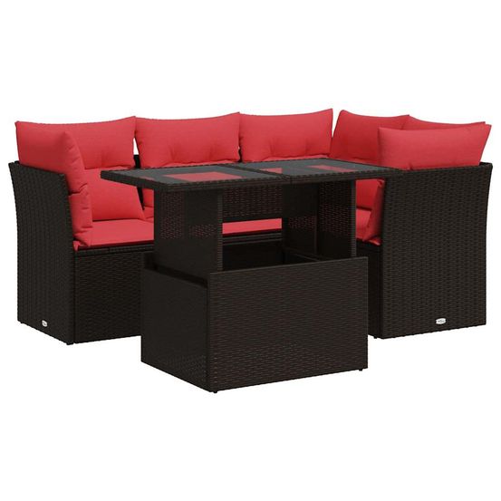 Salon de jardin avec coussins 5pcs marron résine tressée acacia
