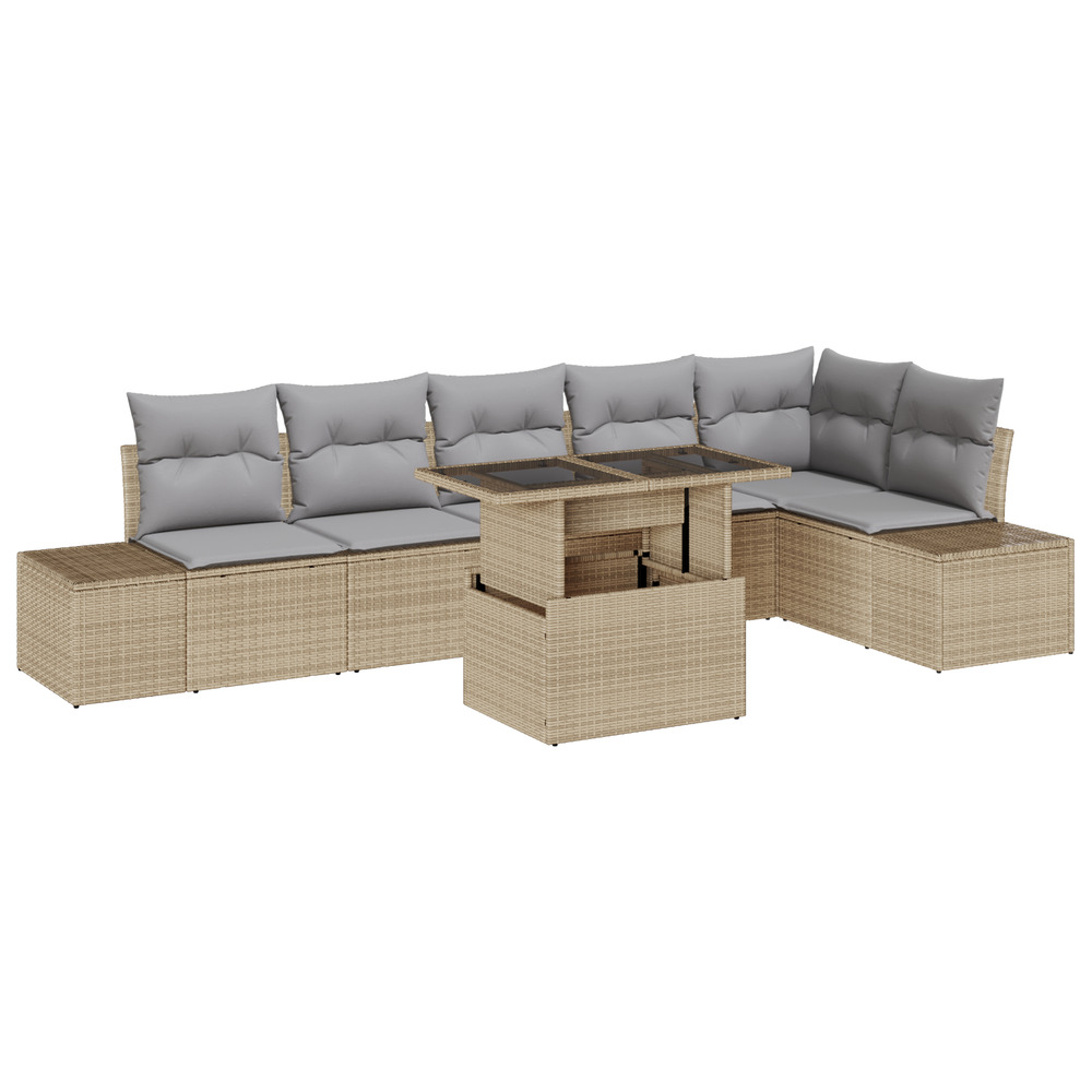 Ensemble de canapé de jardin 7 pièces avec coussins beige en poly rattan