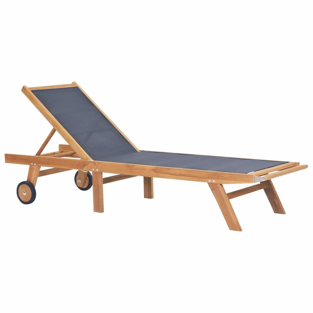Transat chaise longue bain de soleil lit de jardin terrasse meuble d'extérieur pliable avec roulettes teck massif et textilèn