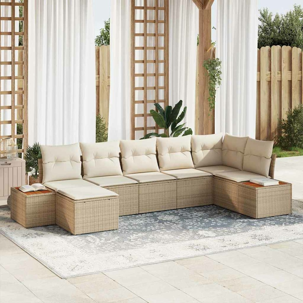 Ensemble de canapé de jardin avec coussin 7 pcs beige polyrotin