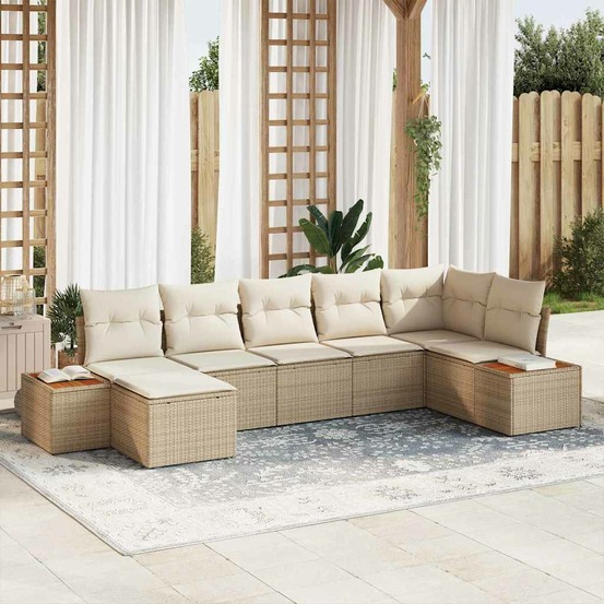 Ensemble de canapé de jardin avec coussin 7 pcs beige polyrotin