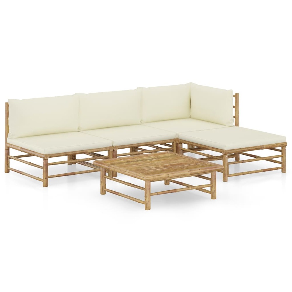 Salon de jardin meuble d'extérieur ensemble de mobilier 5 pièces avec coussins blanc crème bambou