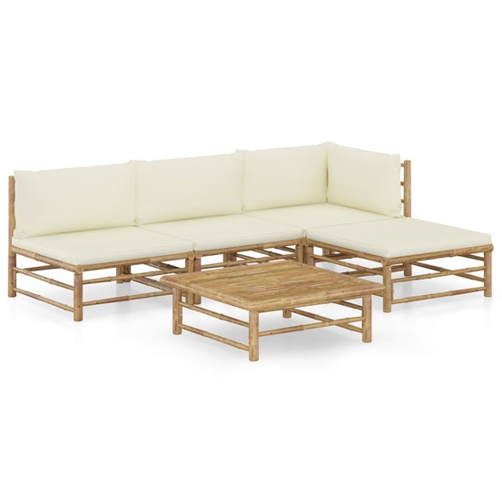 Salon de jardin meuble d'extérieur ensemble de mobilier 5 pièces avec coussins blanc crème bambou