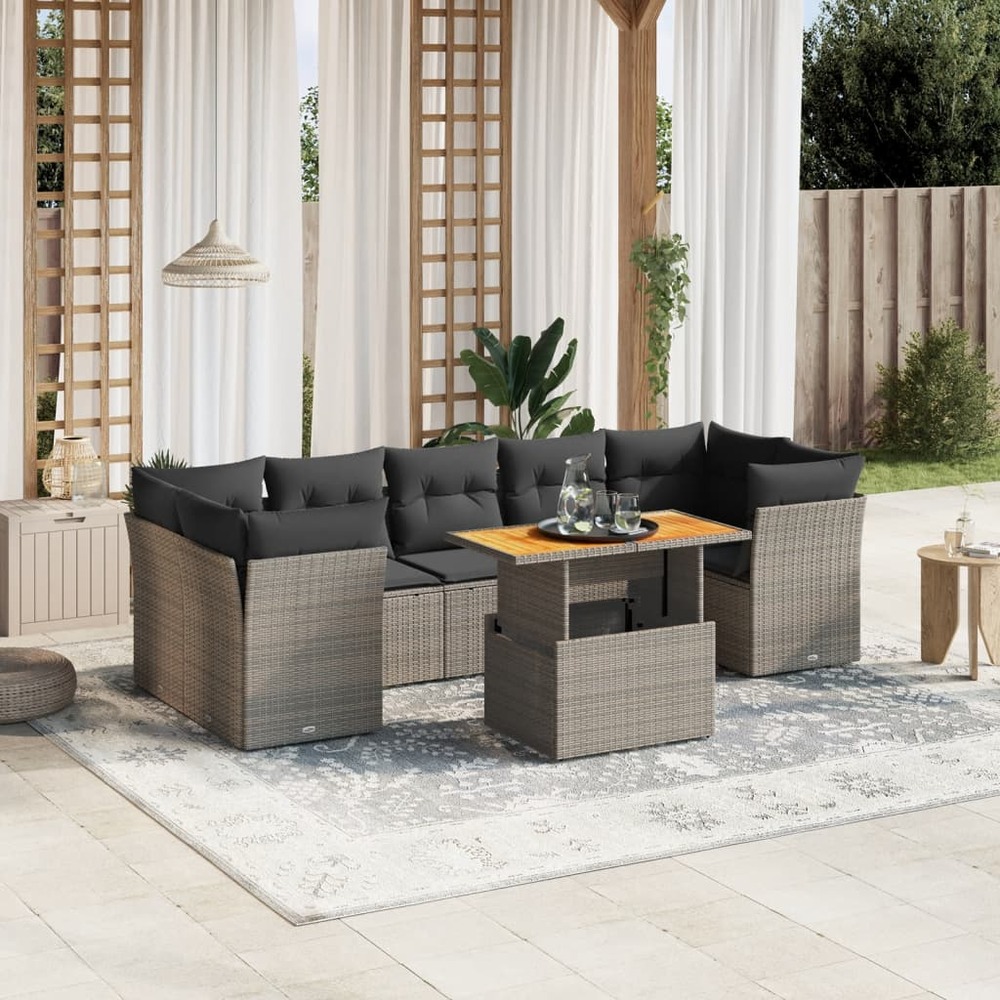 Salon de jardin 8 pcs avec coussins gris résine tressée