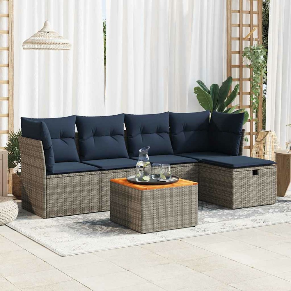 Salon de jardin 6 pcs avec coussins gris résine tressée