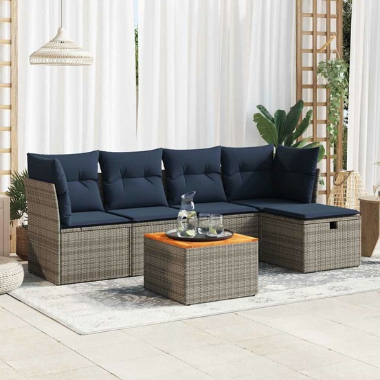 Salon de jardin 6 pcs avec coussins gris résine tressée