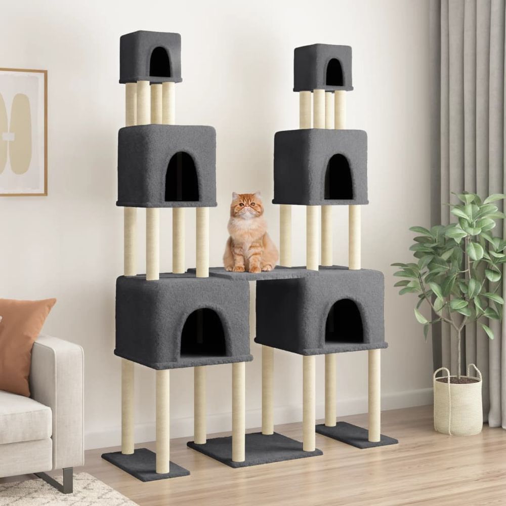 Arbre à chat géant xxl 199 cm pour grands chats avec 6 niches, plateformes et griffoirs sisal gris foncé