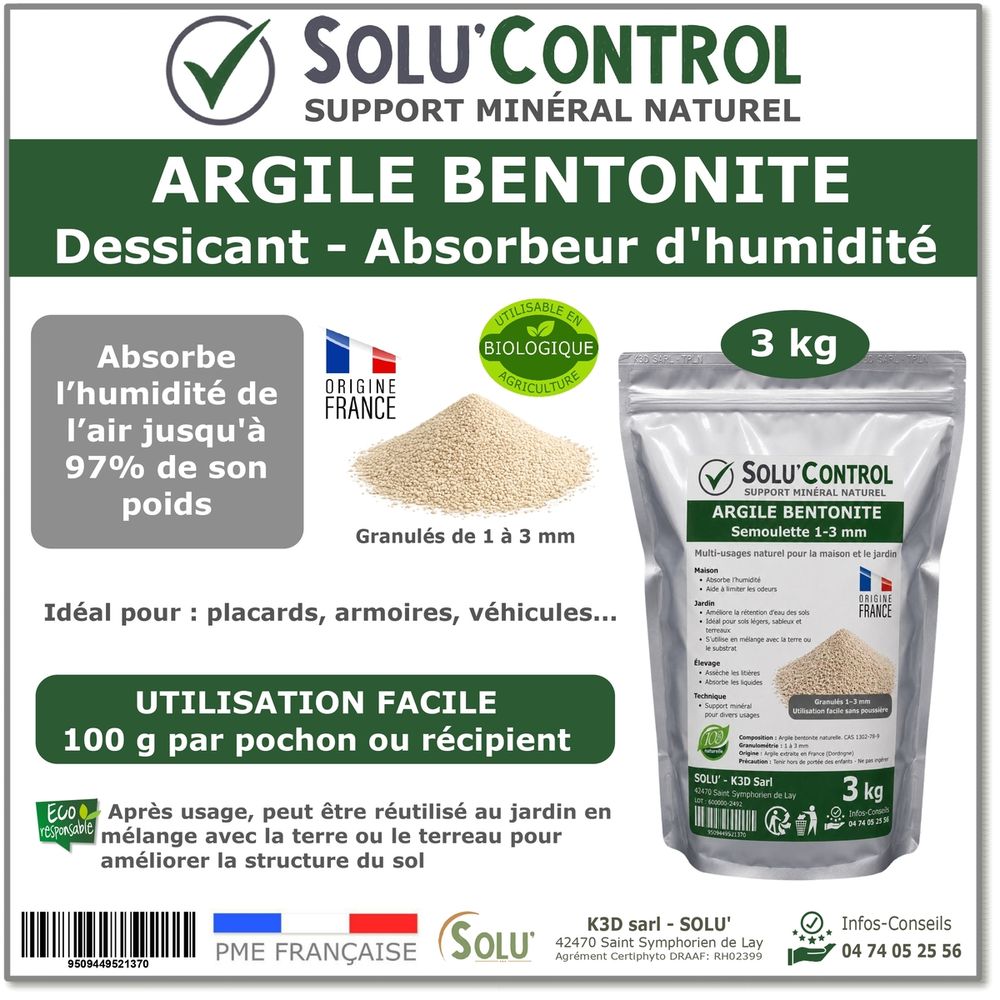 Argile bentonite naturelle - dessicant & absorbeur d’humidité - semoulette 1-3 mm - solu'control - sachet de 3kg