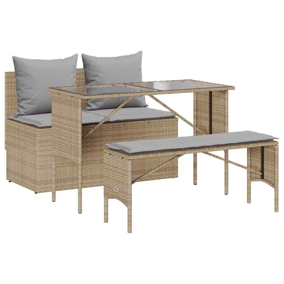 Ensemble à manger de jardin et coussins 3 pcs beige poly rotin