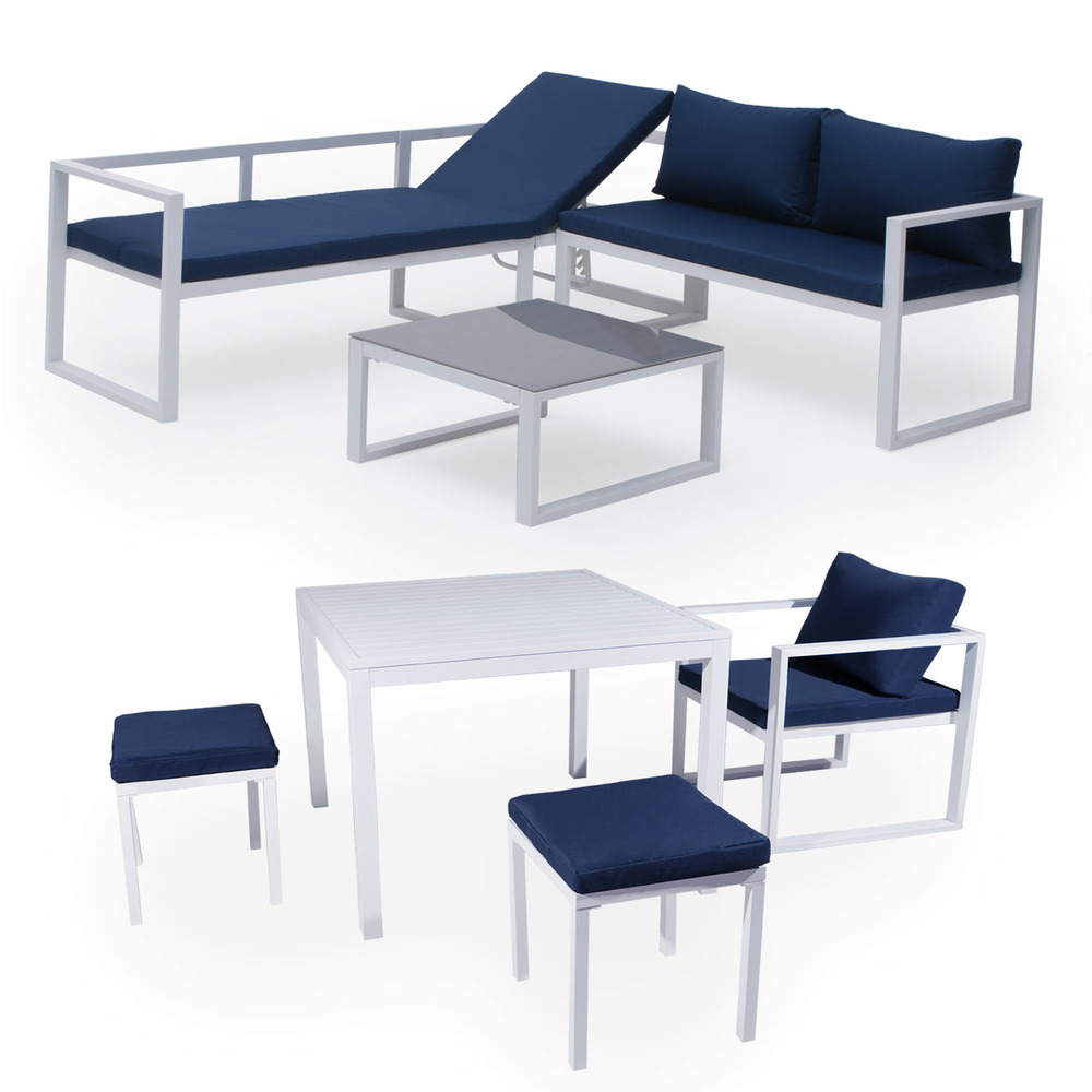 Salon de jardin modulable ibiza en tissu bleu 7 places - aluminium blanc