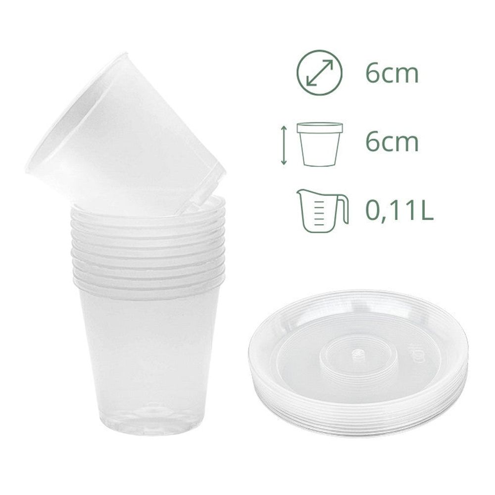 Lot x10 pots transparents - pot de 6cm - pots avec soucoupes adaptées