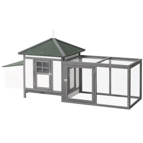Poulailler bois de pin 196 x 76 x 97 cm gris pour 1 à 2 poules naines avec enclos