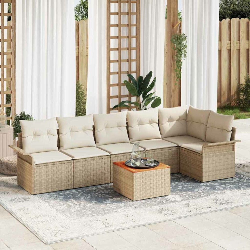 Ensemble de canapé de jardin avec coussin 7 pcs beige polyrotin