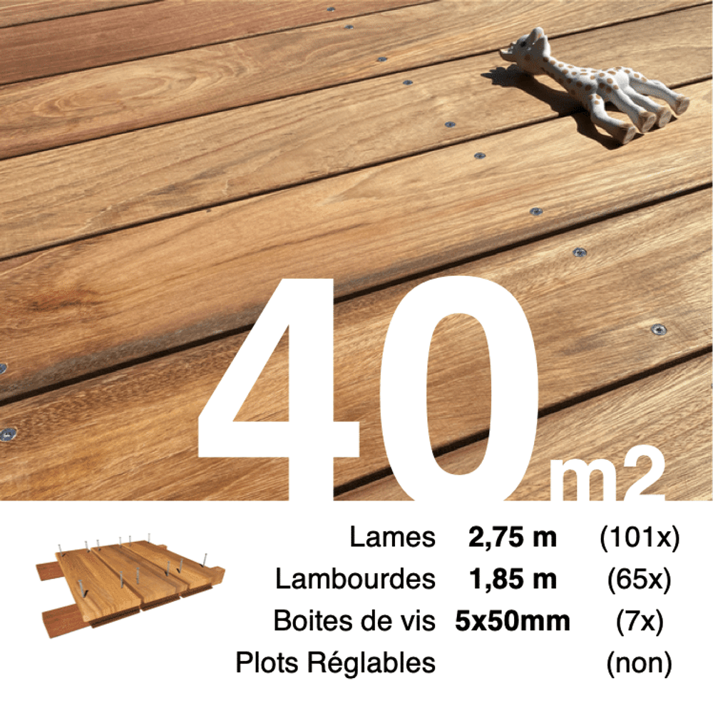 Kit terrasse bois exotique jatoba pour 40 m², lames 2,75 m, lambourdes 1,85 m et visserie inox.
