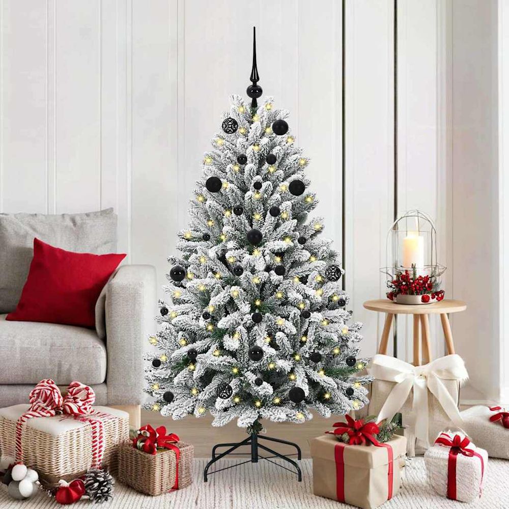 Sapin de noël haut de 150 cm effet neige, complet avec guirlande led usb et 61 décorations