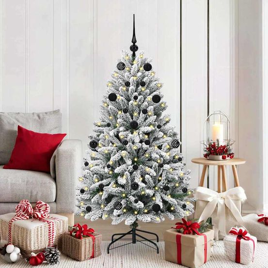 Sapin de noël haut de 150 cm effet neige, complet avec guirlande led usb et 61 décorations