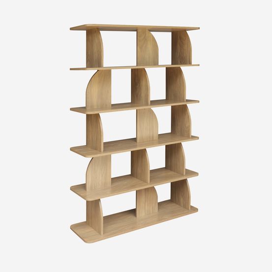Etagère, bibliothèque exotique décor bois 5 niveaux, séparateurs courbés - alva