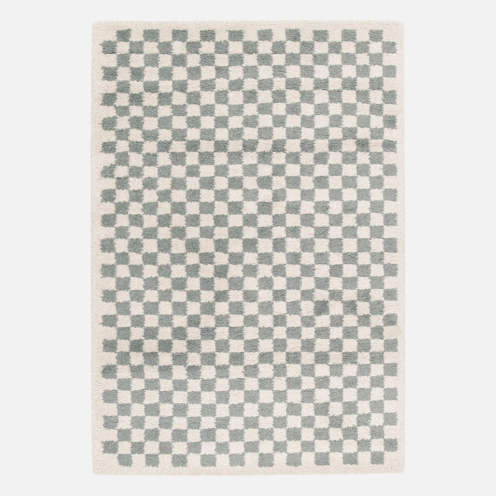 Tapis intérieur shaggy poils longs damier bleu clair et crème