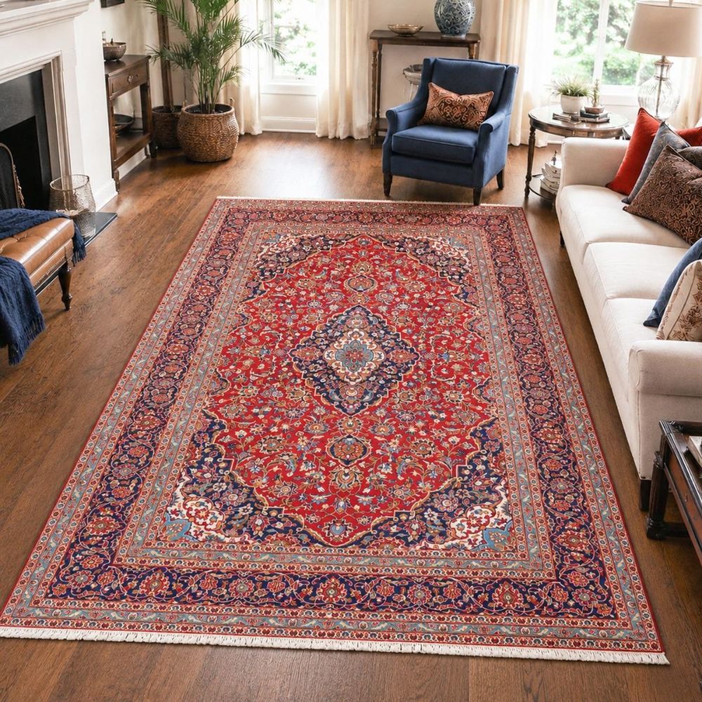 Tapis d'orient, 248 x 350 cm, rouge, beige et bleu, noué à la main, ardakan 7