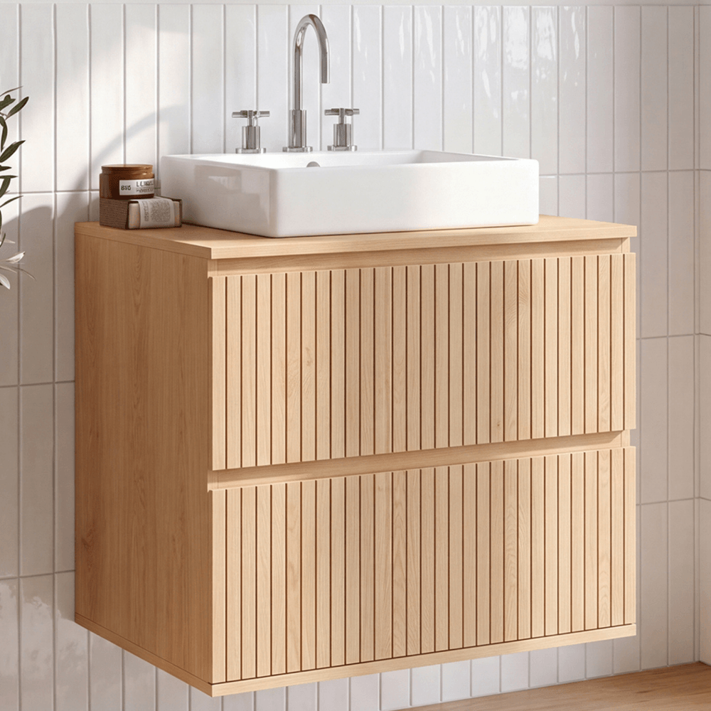 Meuble sous vasque suspendu salle de bain victor 2 tiroirs effet lattes