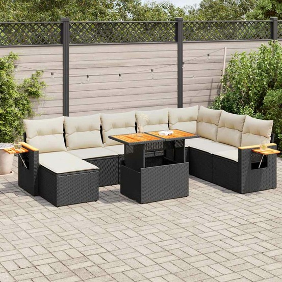 Salon de jardin avec coussins 9 pcs noir résine tressée acacia