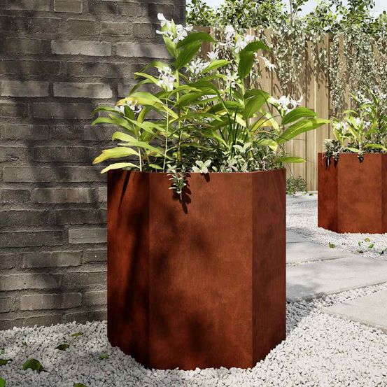 Lot de 2 carrés potager hexagonaux acier corten rouillé jardin 46x45 cm