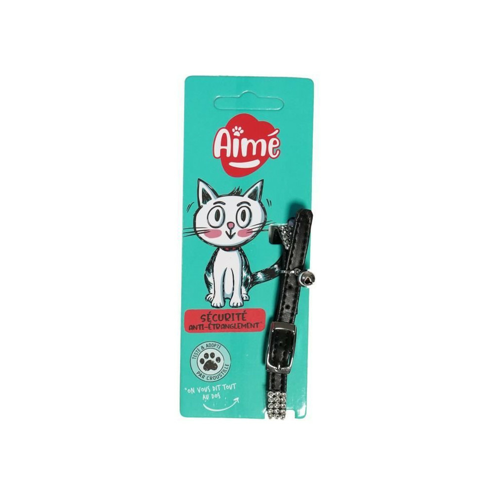 Collier pour chat - aime - ajustable 18-28 cm - nylon avec grelot en argent - noir strass