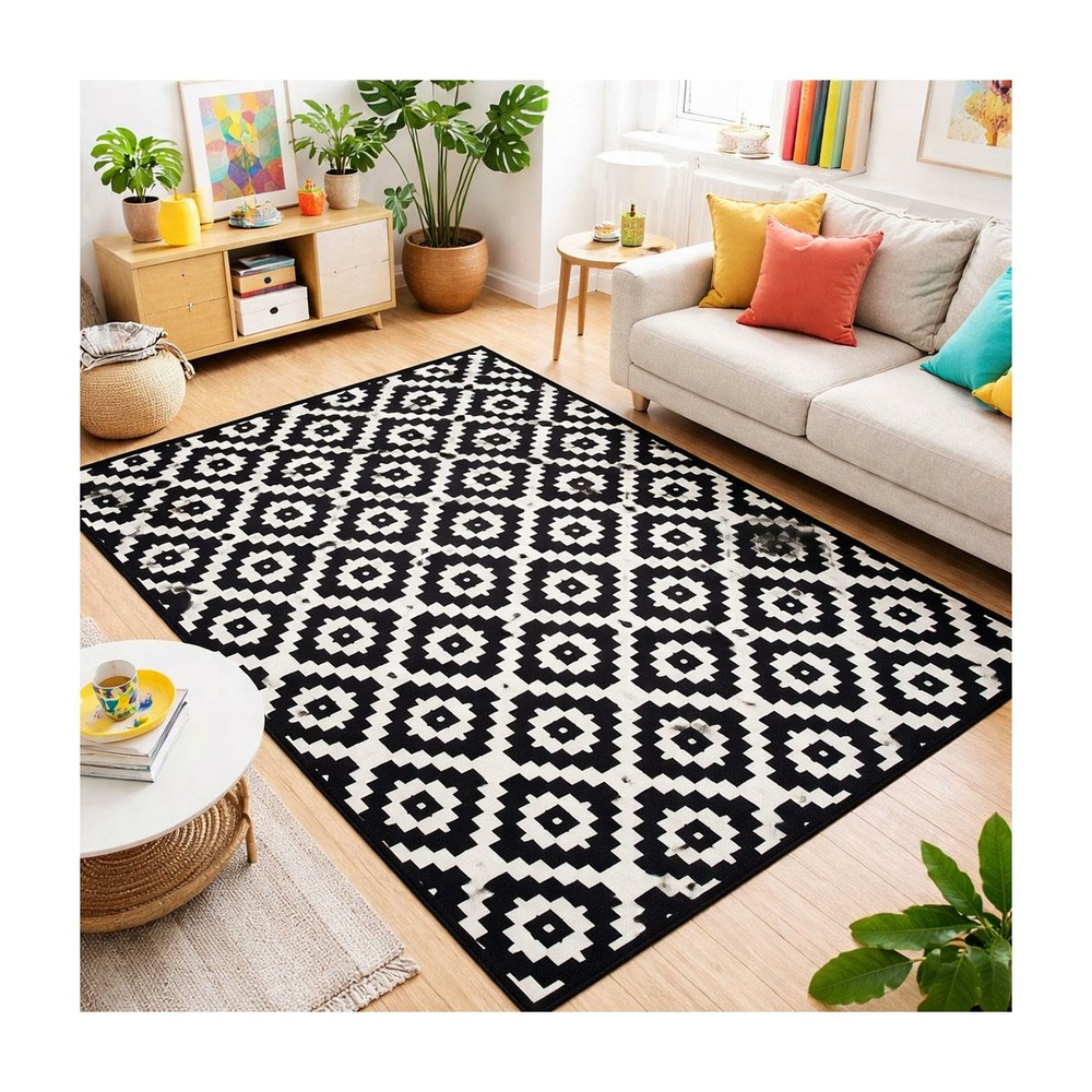 Tapis chambre 60x110 tissé noir rectangle motif géométrique lyn1 lerum