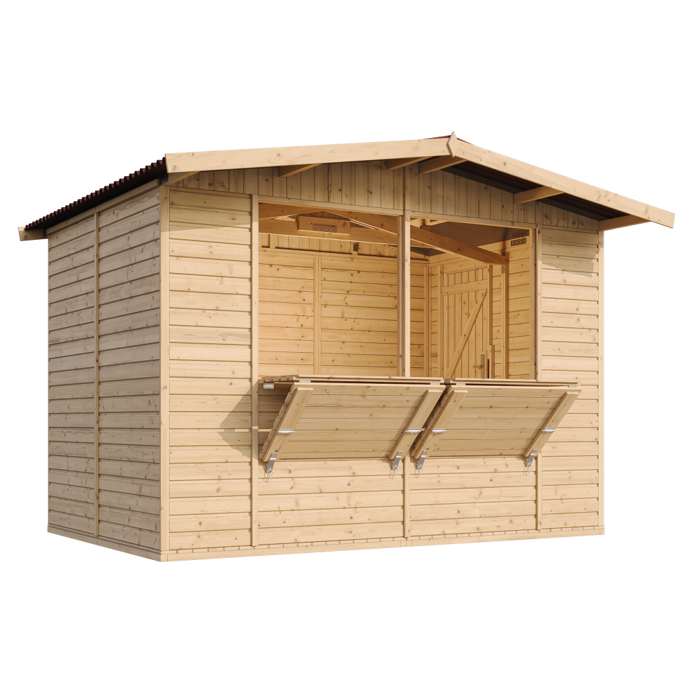 Maison de jardin en bois, étal de marché en bois, grand stand de vendeur avec comptoir h232x336x263 cm/6m2, timbela m150