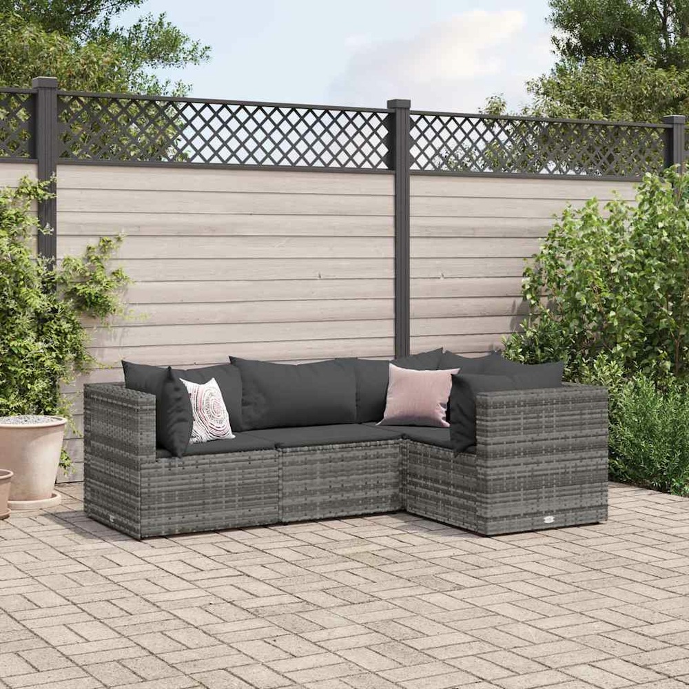 Salon de jardin 4 pcs avec coussins gris résine tressée