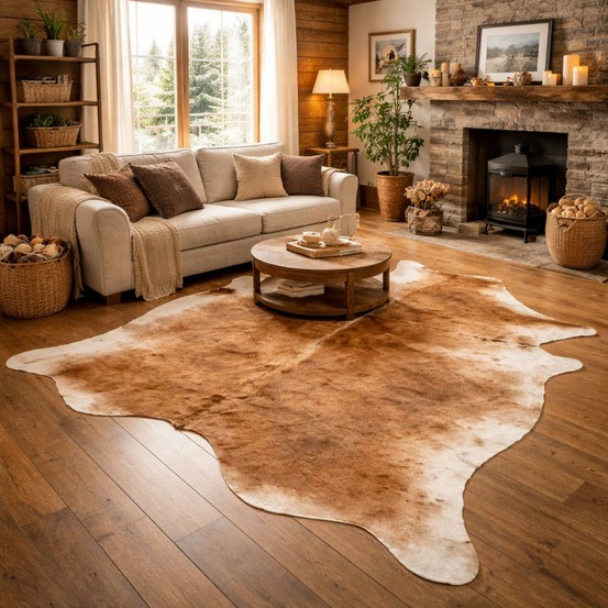 Tapis peau de vache 180x200 kilm fait à la main beige et marron