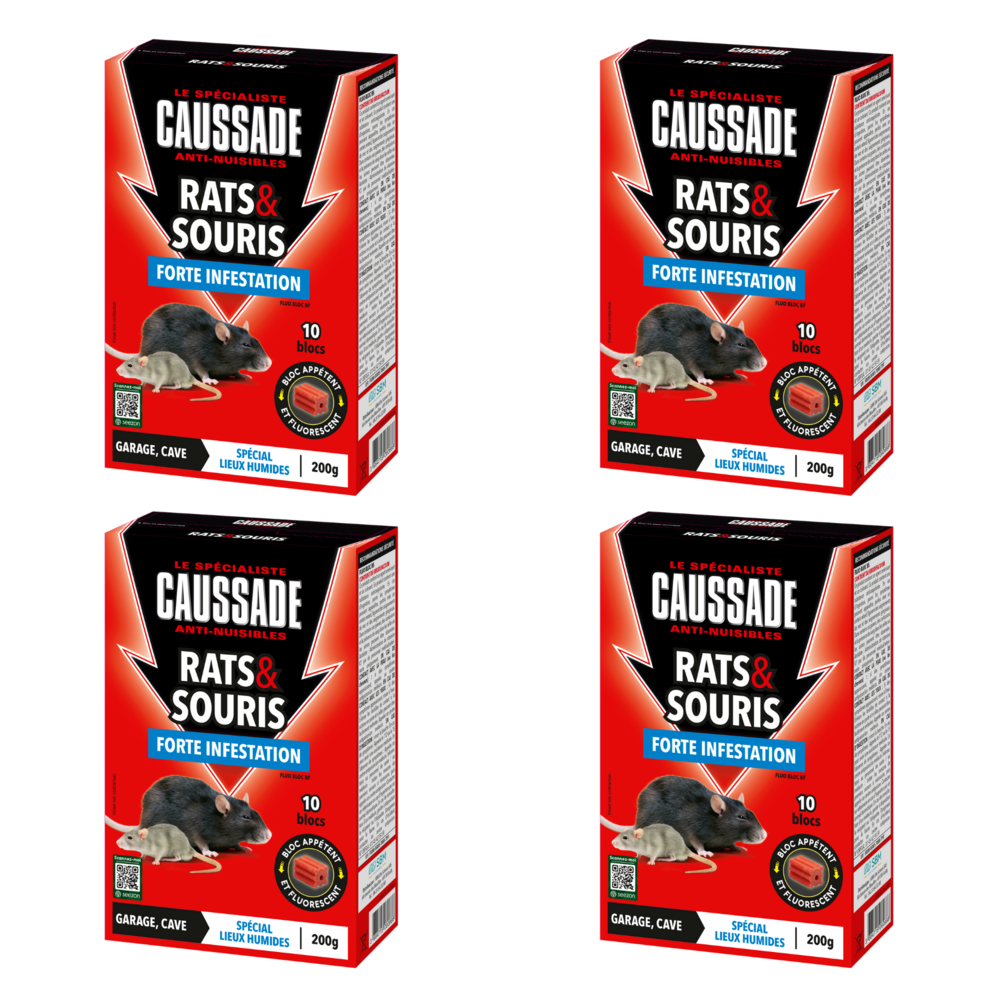 Caussade anti rats & souris - efficacité radicale - lieux très humides – 40 appâts blocs fluorescents - 800g carsbl200x4