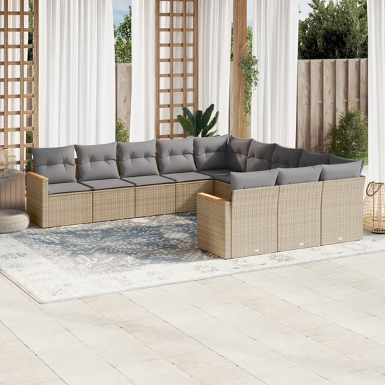 Salon de jardin et coussins 11 pcs mélange beige résine tressée