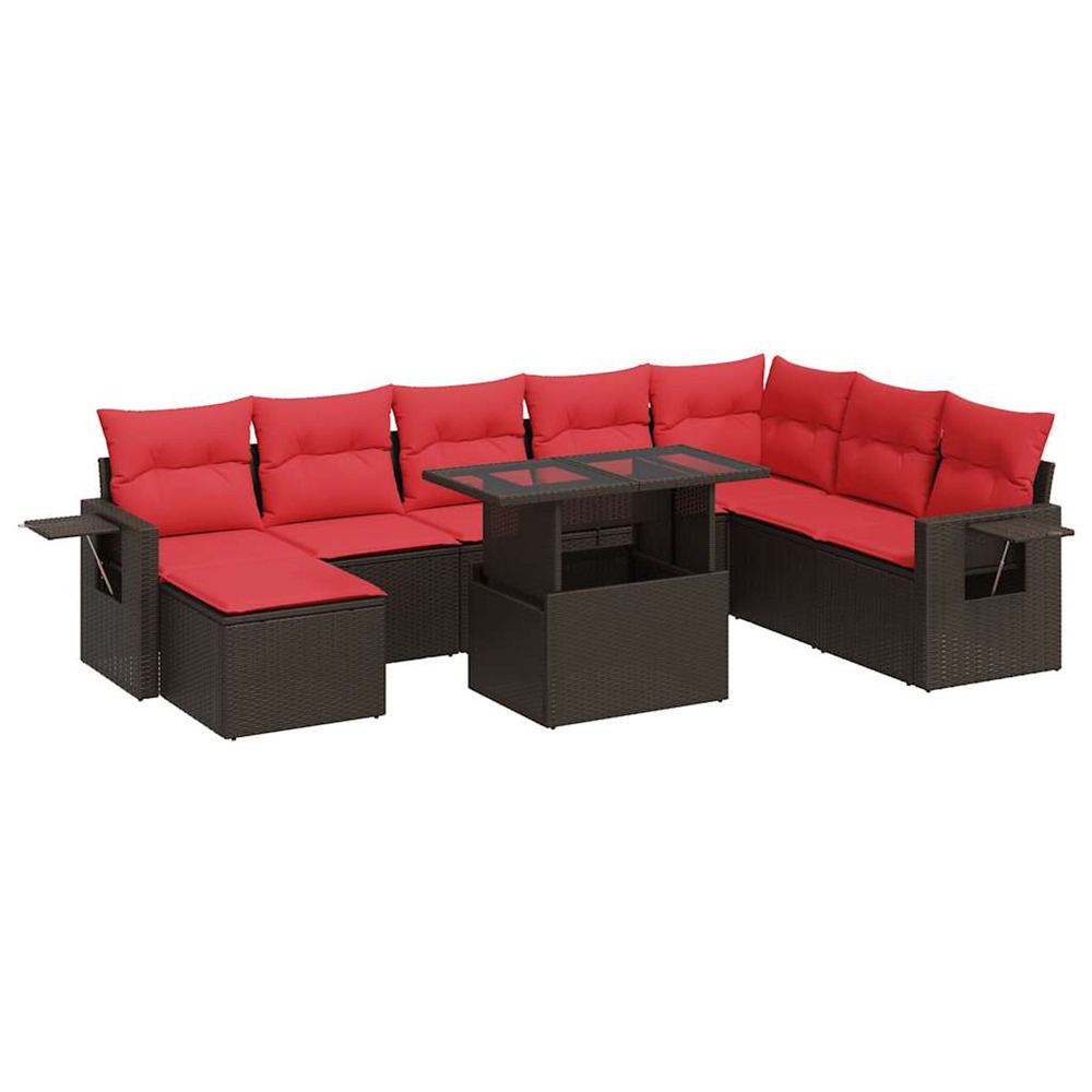 Salon de jardin avec coussins 9 pcs marron résine tressée acacia