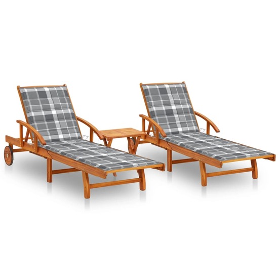 Lot de 2 transats chaise longue bain de soleil lit de jardin terrasse meuble d'extérieur avec table et coussins acacia solide
