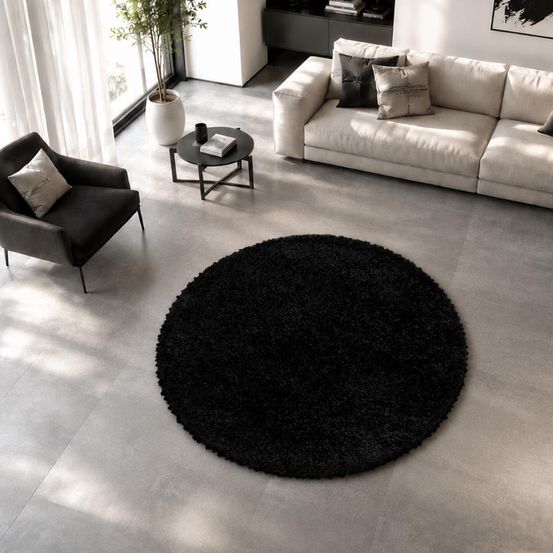 Tapis rond poils longs shaggy ø120cm tissé noir motif uni uni i