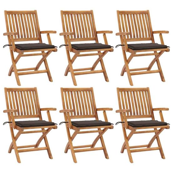 Chaises pliantes avec coussins, 6 pièces, en teck massif