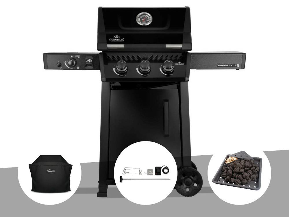 Barbecue gaz freestyle 365 noir pro 3 brûleurs + 1 bruleur sizzle zone + housse