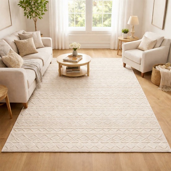 Tapis chambre 130x190 tissé en laine crème rectangle motif scandinave tinca