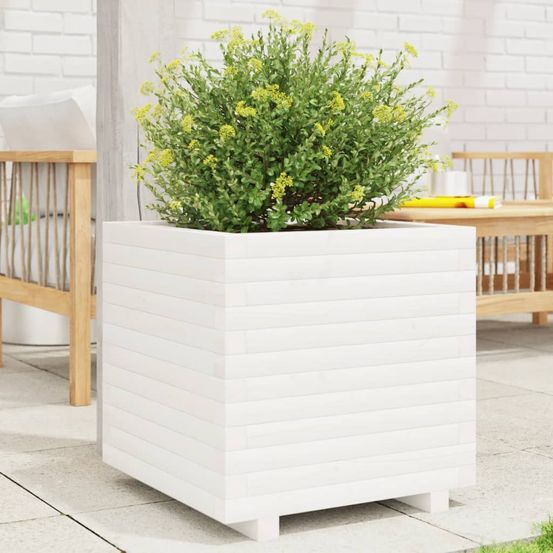 Jardinière carrée en bois de pin massif pour plante extérieure blanc 50cm