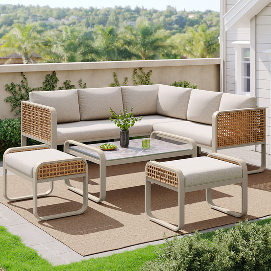 Salon de jardin en rotin, pour 6-7 personnes, canapé d'angle, structure en acier galvanisé, pieds réglables, coussins inclus, beige