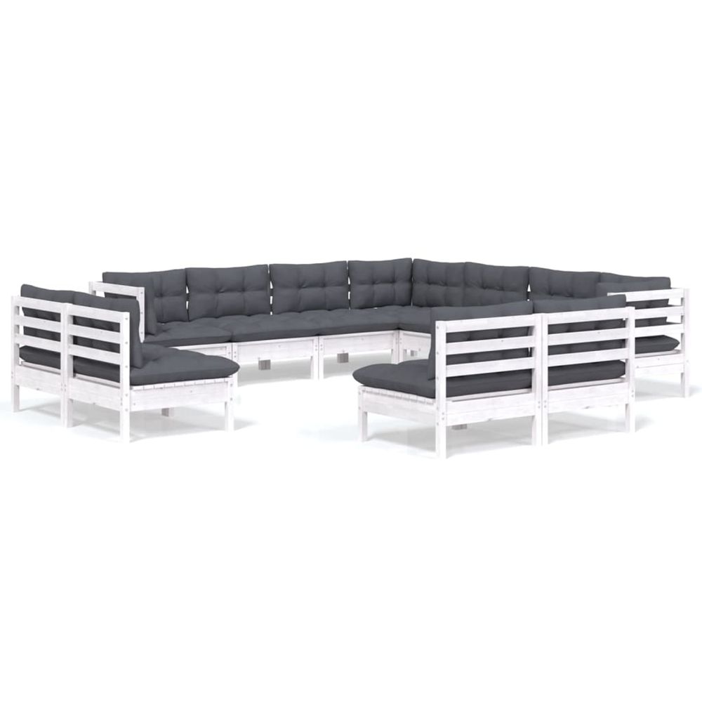 Salon de jardin 11 pcs avec coussins blanc bois de pin solide